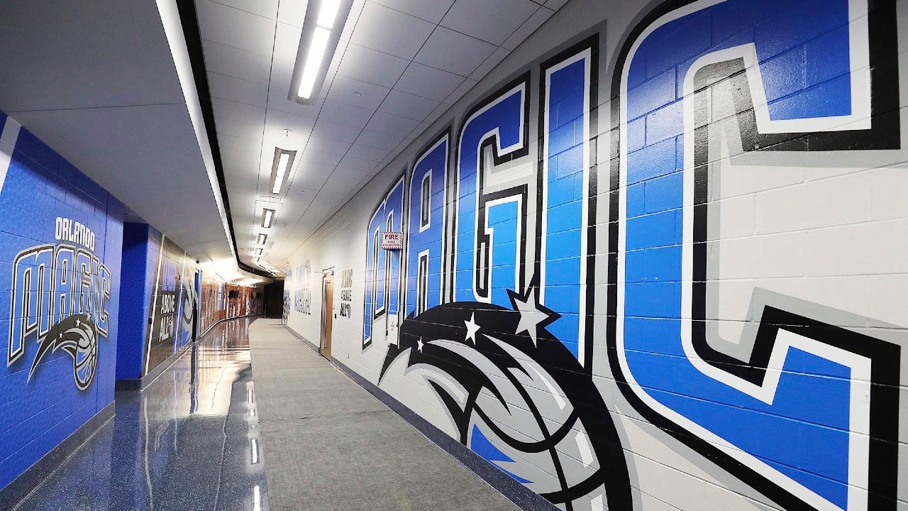 The hallway outside the Orlando Magic locker room at Amway Center as the  NBA season remains on hold amid the coronavirus pandemic. The team has  reopened its practice facility for voluntary individual
