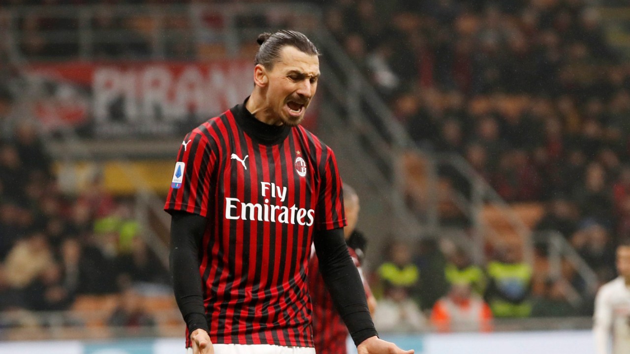 AC Milan's Zlatan Ibrahimovic reacts after missing a scoring chance during the Serie A soccer match between AC Milan and Torino at the San Siro stadium, in Milan, Italy, Monday, Feb. 17, 2020. (AP Photo/Antonio Calanni)