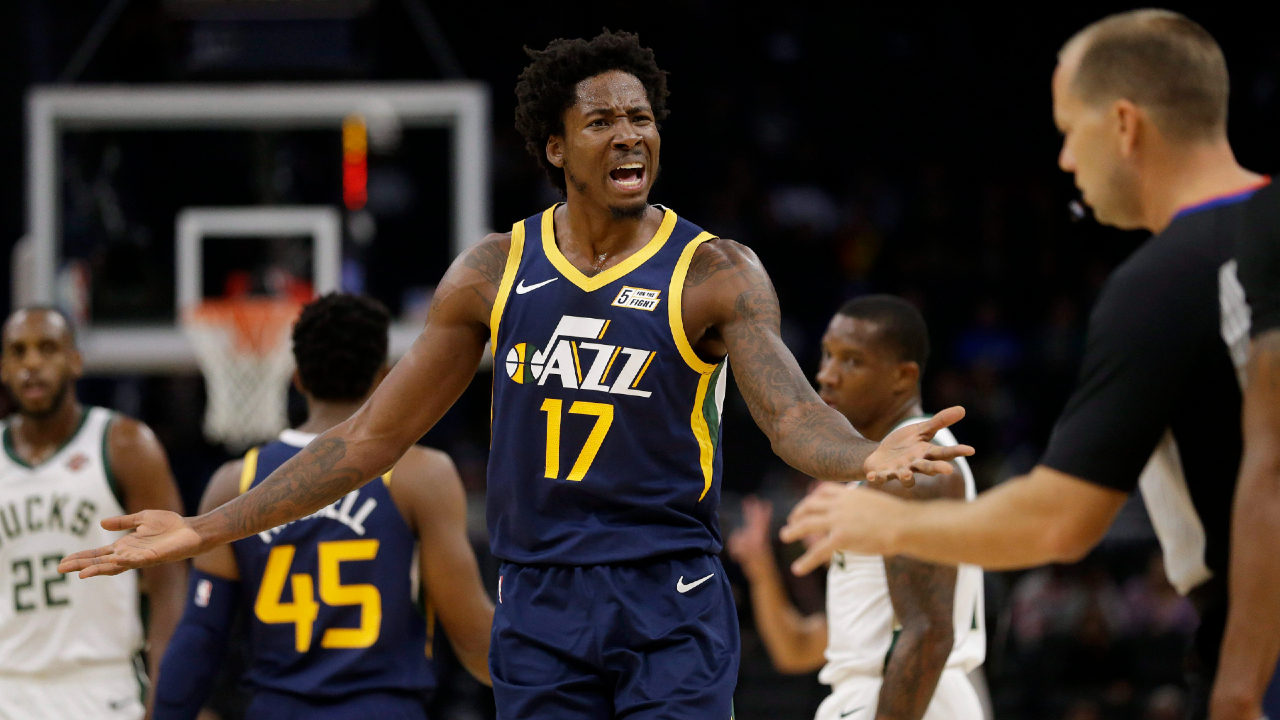 Utah Jazz's Ed Davis argues with an official during the first half of the team's preseason NBA basketball game against the Milwaukee Bucks on Wednesday, Oct. 9, 2019, in Milwaukee. (Aaron Gash/AP)