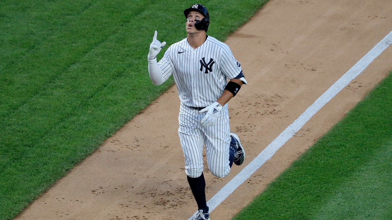 New York Yankees' Aaron Judge reacts as he approaches home plate after hitting a two-run home run during the third inning of the baseball game against the Boston Red Sox. (Seth Wenig/AP)