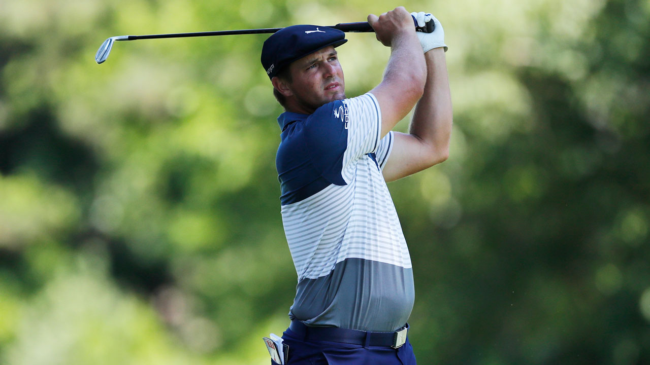 Bryson DeChambeau hits from the ninth tee during the second round of the Rocket Mortgage Classic golf tournamen. (Carlos Osorio/AP)