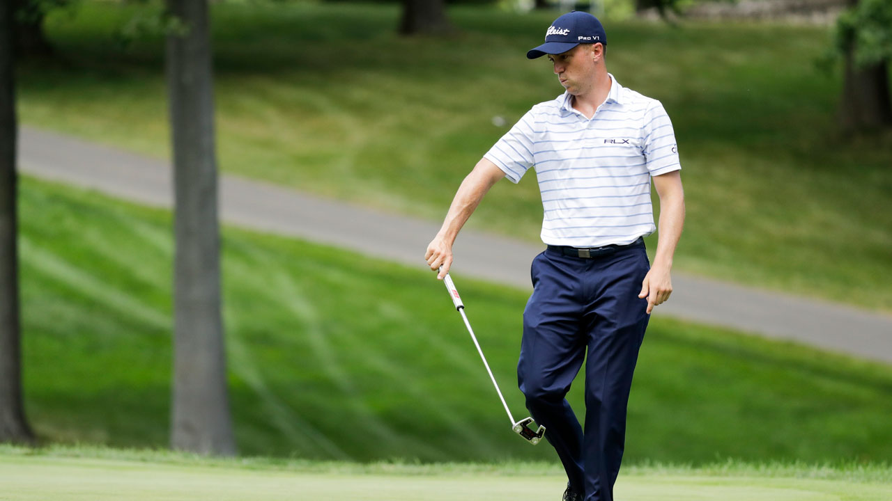 Justin Thomas reacts to his putt on the eighth hole during the third round of the Workday Charity Open golf tournament. (Darron Cummings/AP)