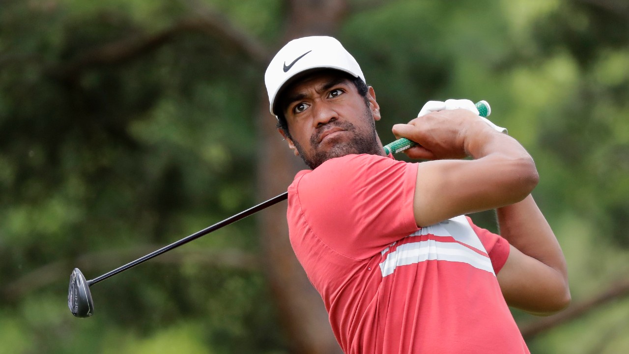 Tony Finau hits from the second tee during the second round of the Memorial golf tournament, Friday, July 17, 2020, in Dublin, Ohio. (Darron Cummings/AP)