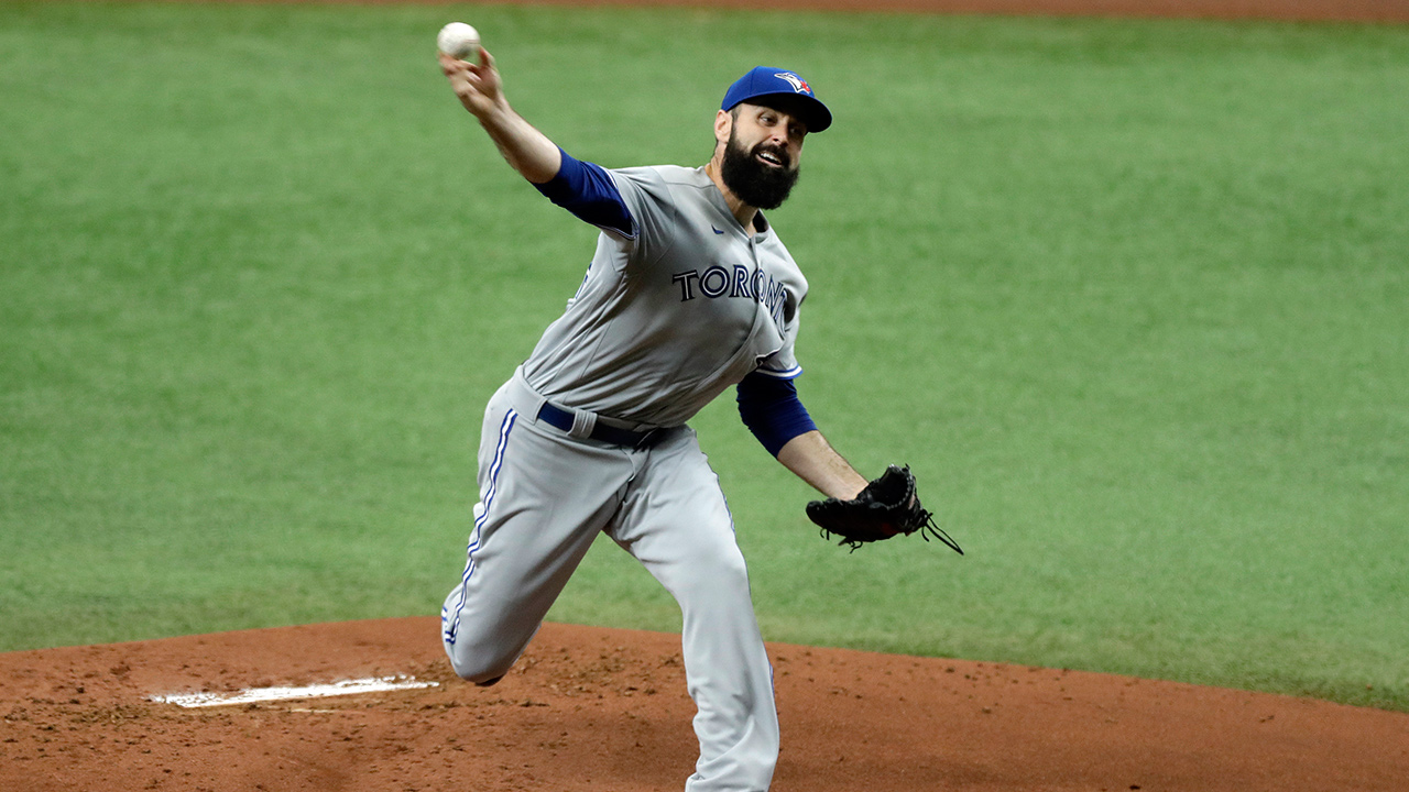 Toronto Blue Jays' Matt Shoemaker pitches to the Tampa Bay Rays during the first inning on Saturday, July 25, 2020, in St. Petersburg, Fla. (Chris O'Meara/AP)