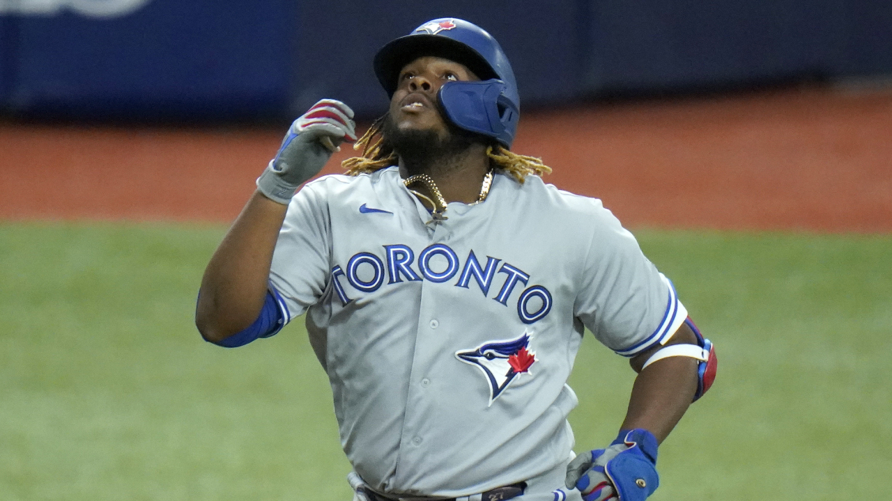 Toronto Blue Jays' Vladimir Guerrero Jr. (27) celebrates after hitting a solo home run. (Chris O'Meara/AP)
