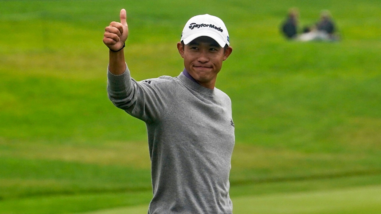 Collin Morikawa celebrates. (Jeff Chiu/AP)