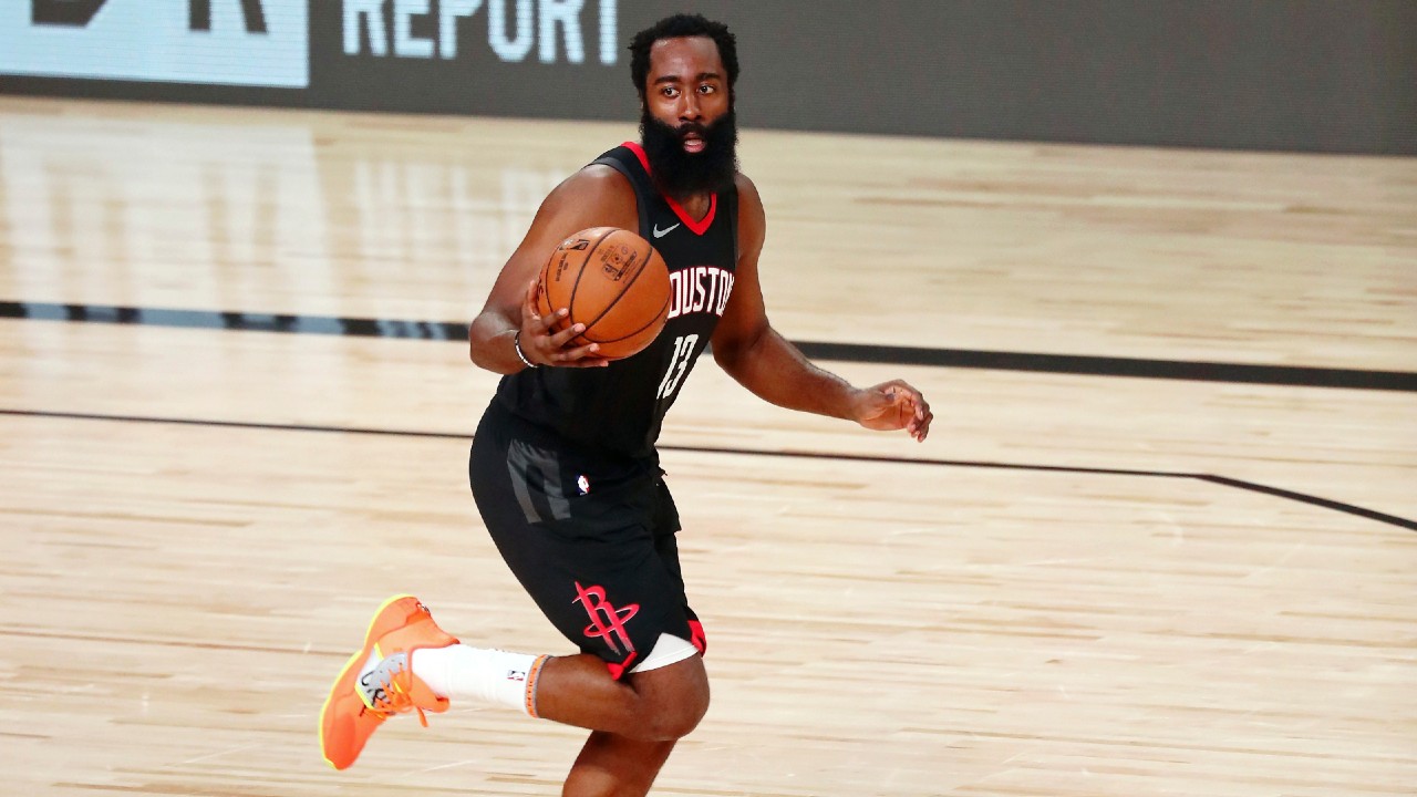 Houston Rockets guard James Harden (13) dribbles against the Los Angeles Lakers during the second half of an NBA basketball game Thursday, Aug. 6, 2020, in Lake Buena Vista, Fla. (Kim Klement/Pool Photo via AP)