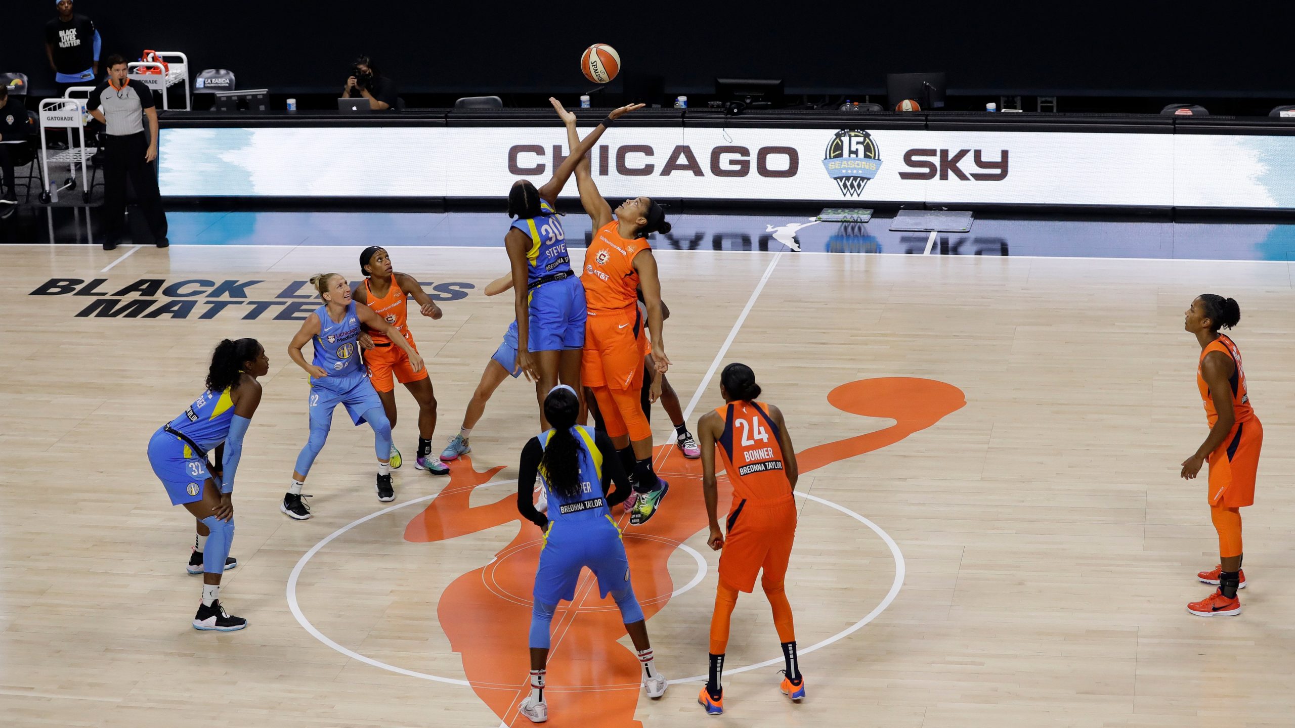 The Chicago Sky and Connecticut Sun tip off during the first half of a WNBA basketball game. (Chris O'Meara/AP) 