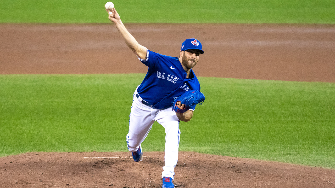 Toronto Blue Jays pitcher Anthony Bass delivers a pitch during MLB intrasquad baseball action in Toronto on Friday, July 10, 2020. (Carlos Osorio/CP)