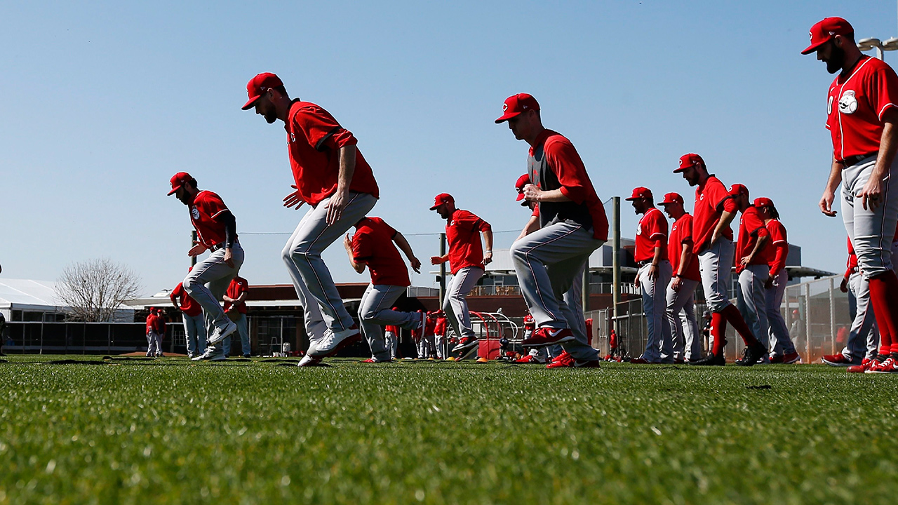 Cincinnati Reds pitchers warm up during spring training baseball workouts Monday, Feb. 17, 2020, in Goodyear, Ariz. (Ross D. Franklin/AP)