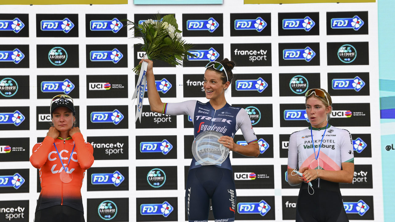 Britain's Elizabeth Deignan, center winner of La Course by Le Tour de France women's cycling race, stands on the podium. (Stuart Franklin/AP)
