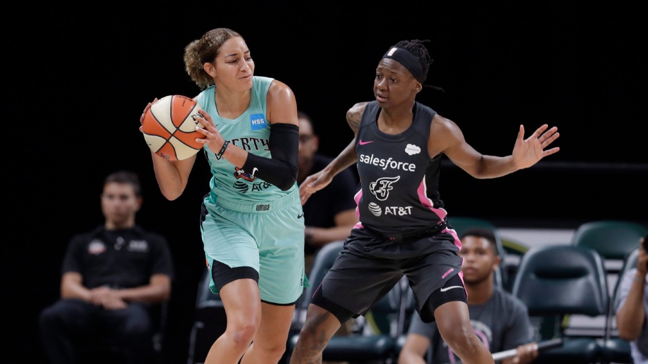 New York Liberty's Bria Hartley is defended by Indiana Fever's Erica Wheeler (17) during the second half of a WNBA basketball game, Tuesday, Aug. 20, 2019, in Indianapolis. (Darron Cummings/AP)