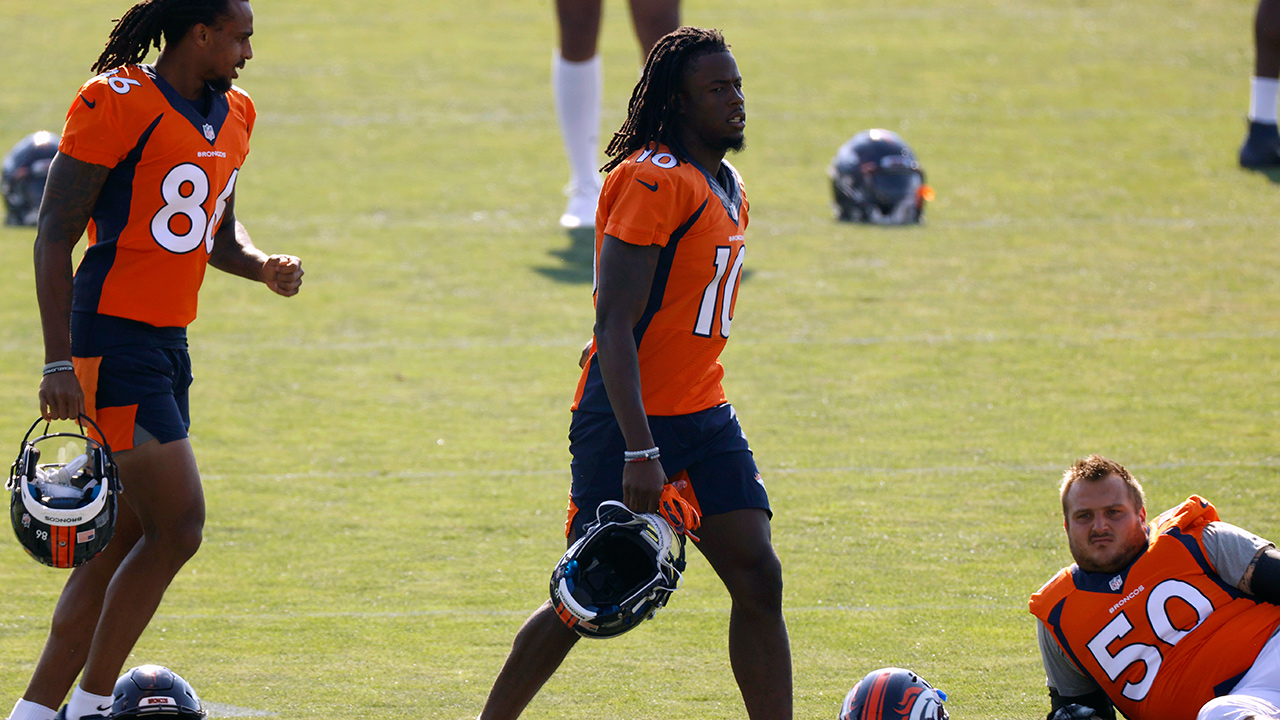 Denver Broncos wide receiver Jerry Jeudy takes part in drills at the team's training camp Friday, Aug. 14, 2020, in Englewood, Colo. (David Zalubowski/AP)