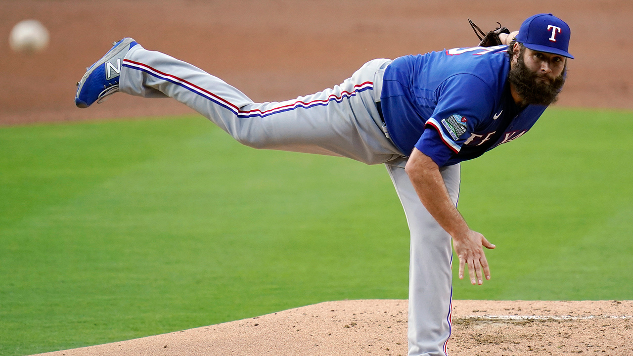 Texas Rangers starting pitcher Lance Lynn works against a San Diego Padres batter during the first inning on Wednesday, Aug. 19, 2020, in San Diego. (Gregory Bull/AP)