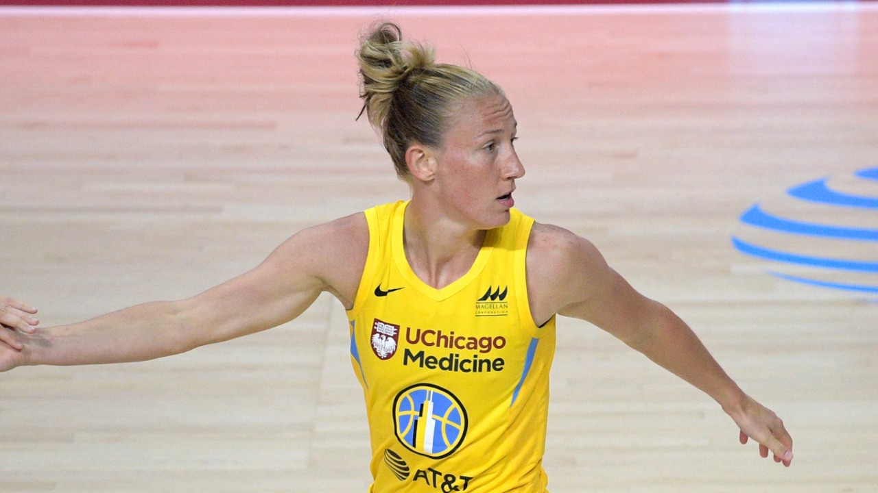 Chicago Sky guard Courtney Vandersloot is congratulated by center Stefanie Dolson after scoring a three-point basket during the first half of a WNBA basketball game against the Las Vegas Aces, Sunday, July 26, 2020, in Bradenton, Fla. (Phelan M. Ebenhack/AP)