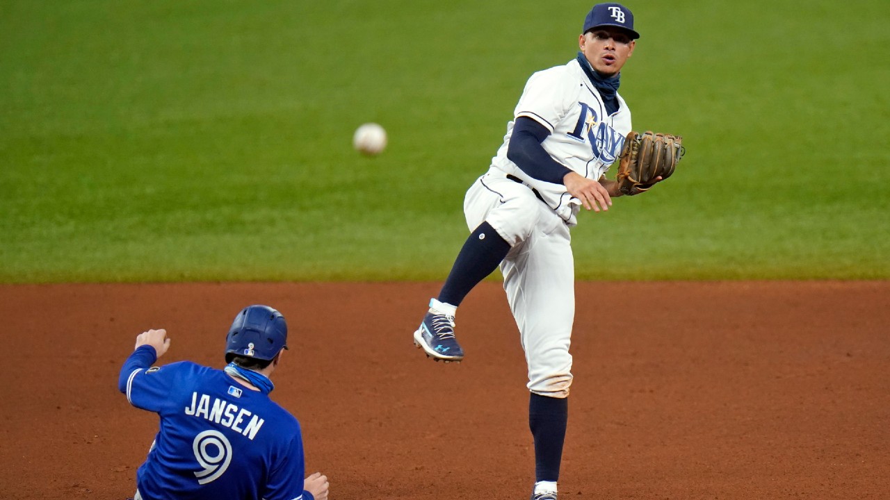 Tampa Bay Rays shortstop Willy Adames forces Toronto Blue Jays' Danny Jansen (9) at second base and relays the throw to first in time to turn a double play on Joe Panik during the seventh inning of a baseball game Monday, Aug. 24, 2020, in St. Petersburg, Fla. (Chris O'Meara/AP)