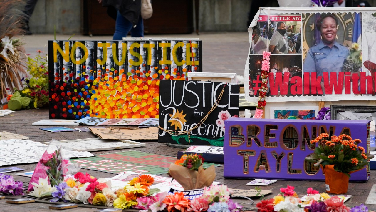 People gather in Jefferson Square awaiting word on charges against police officers, Wednesday, Sept. 23, 2020, in Louisville, Ky. (Darron Cummings/AP)