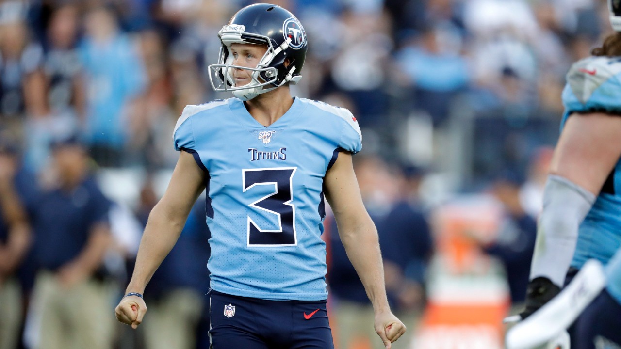 Tennessee Titans kicker Cody Parkey (3) reacts to missing an extra point by hitting the right upright in the second half of an NFL football game against the Los Angeles Chargers Sunday, Oct. 20, 2019, in Nashville, Tenn. (James Kenney/AP)