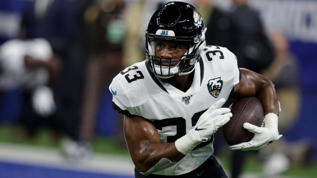 Jacksonville Jaguars running back Devine Ozigbo (33) runs before an NFL football game against the Indianapolis Colts, Sunday, Nov. 17, 2019, in Indianapolis. (Michael Conroy/AP)