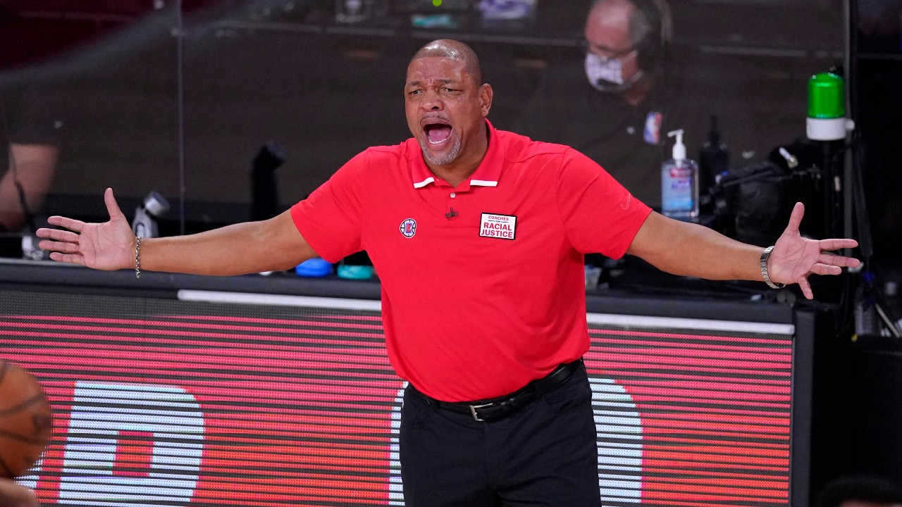 Los Angeles Clippers head coach Doc Rivers yells during the first half of an NBA conference semifinal playoff basketball game against the Denver Nuggets. (Mark J. Terrill/AP)