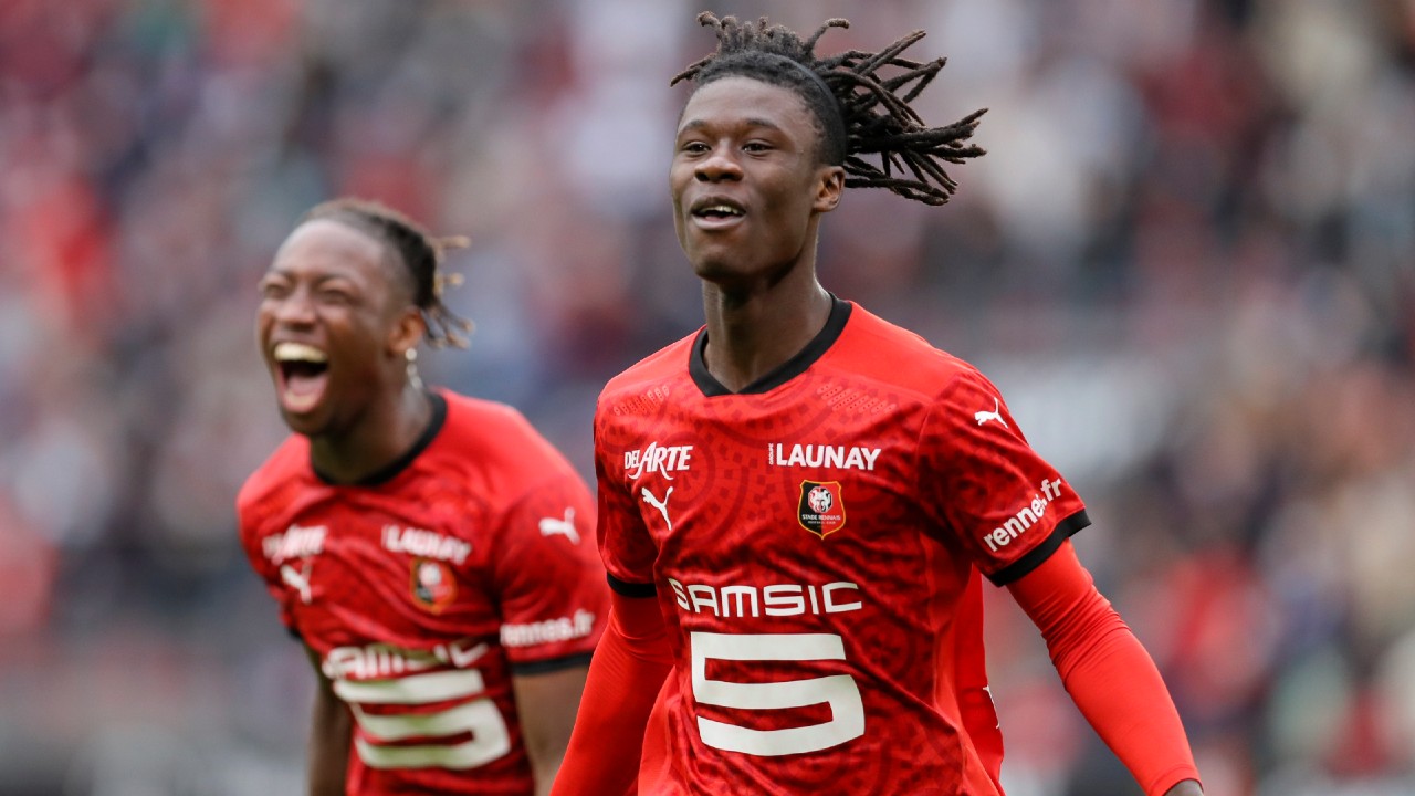 Rennes' Eduardo Camavinga celebrates after scoring his side's second goal during the League One soccer match between Rennes and Montpellier. (David Vincent/AP)