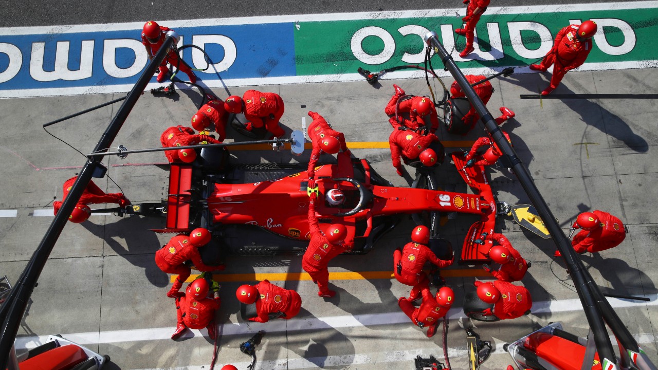 Ferrari driver Charles Leclerc arrives at pit during the Italian Formula One Grand Prix. (Mark Thompson, Pool via AP)