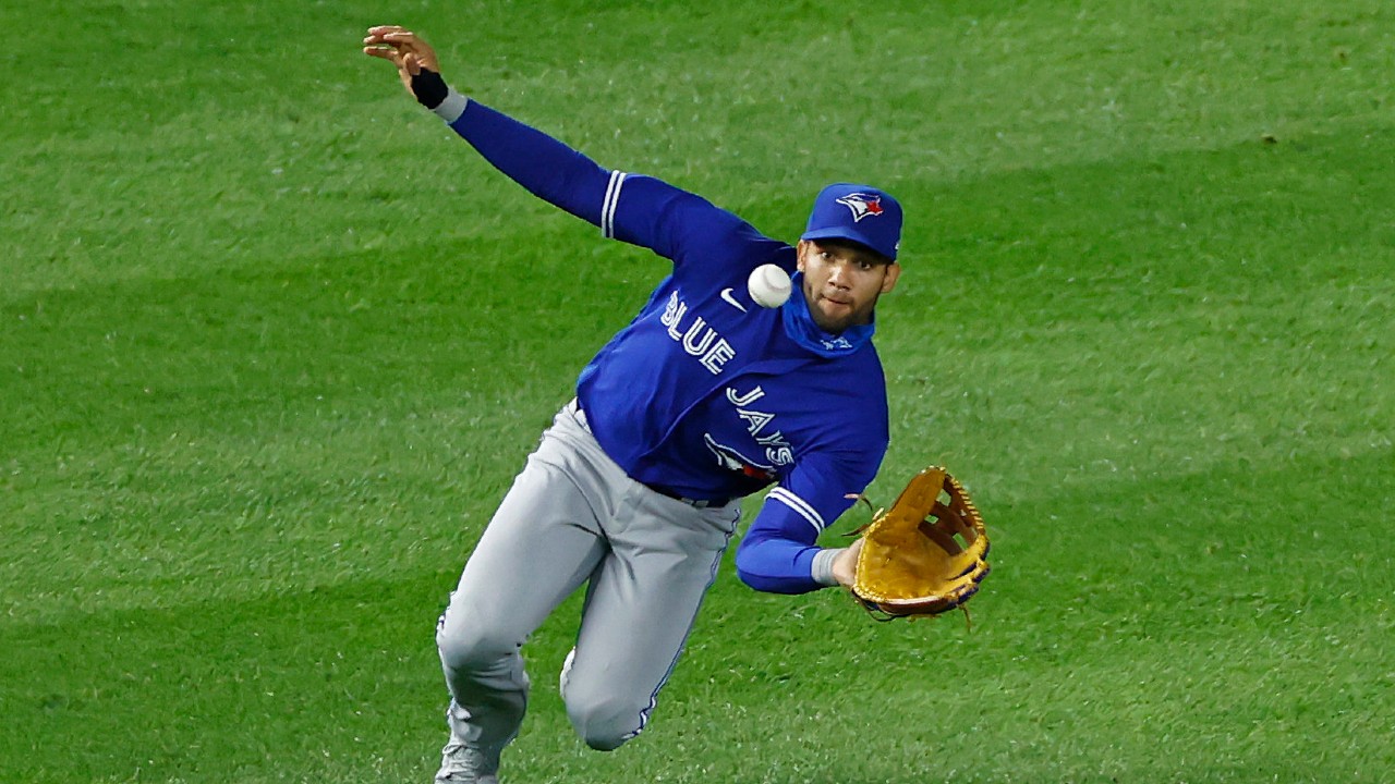 Toronto Blue Jays left fielder Lourdes Gurriel Jr. makes a catch on a fly out New York Yankees' Tyler Wade during the sixth inning of a baseball game on Tuesday, Sept. 15, 2020, in New York. (Adam Hunger/AP)