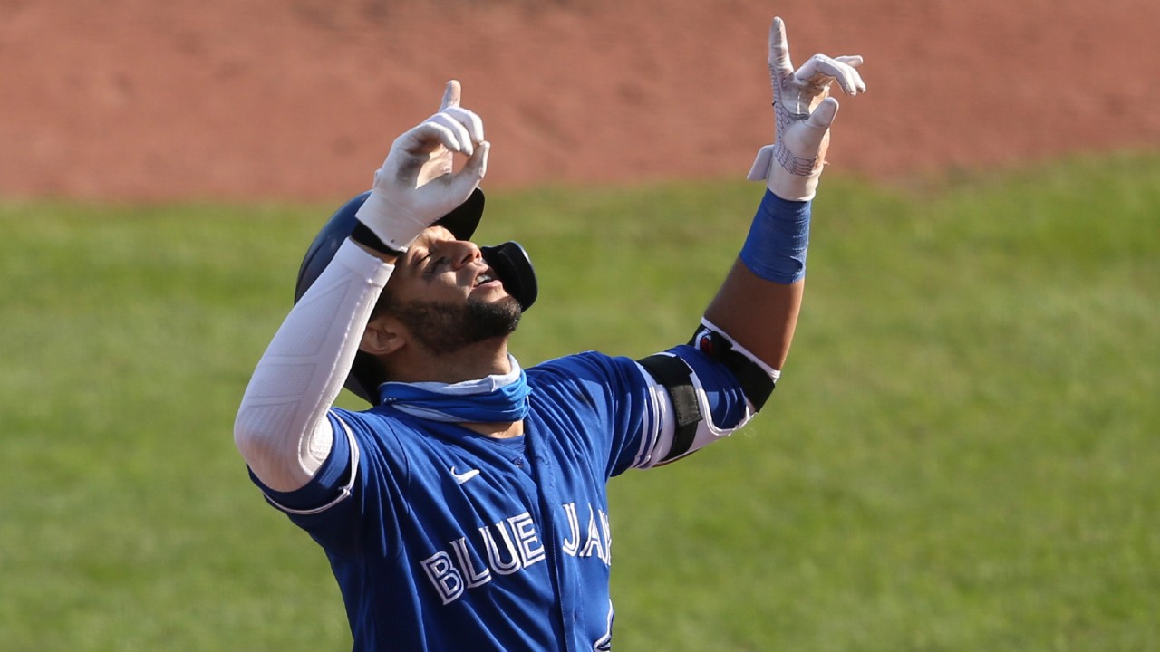 Toronto Blue Jays' Lourdes Gurriel Jr. celebrates his two-run home run against Baltimore Orioles pitcher Keegan Akin during the third inning of a baseball game, Sunday, Sept. 27, 2020, in Buffalo, N.Y. (Jeffrey T. Barnes/AP)