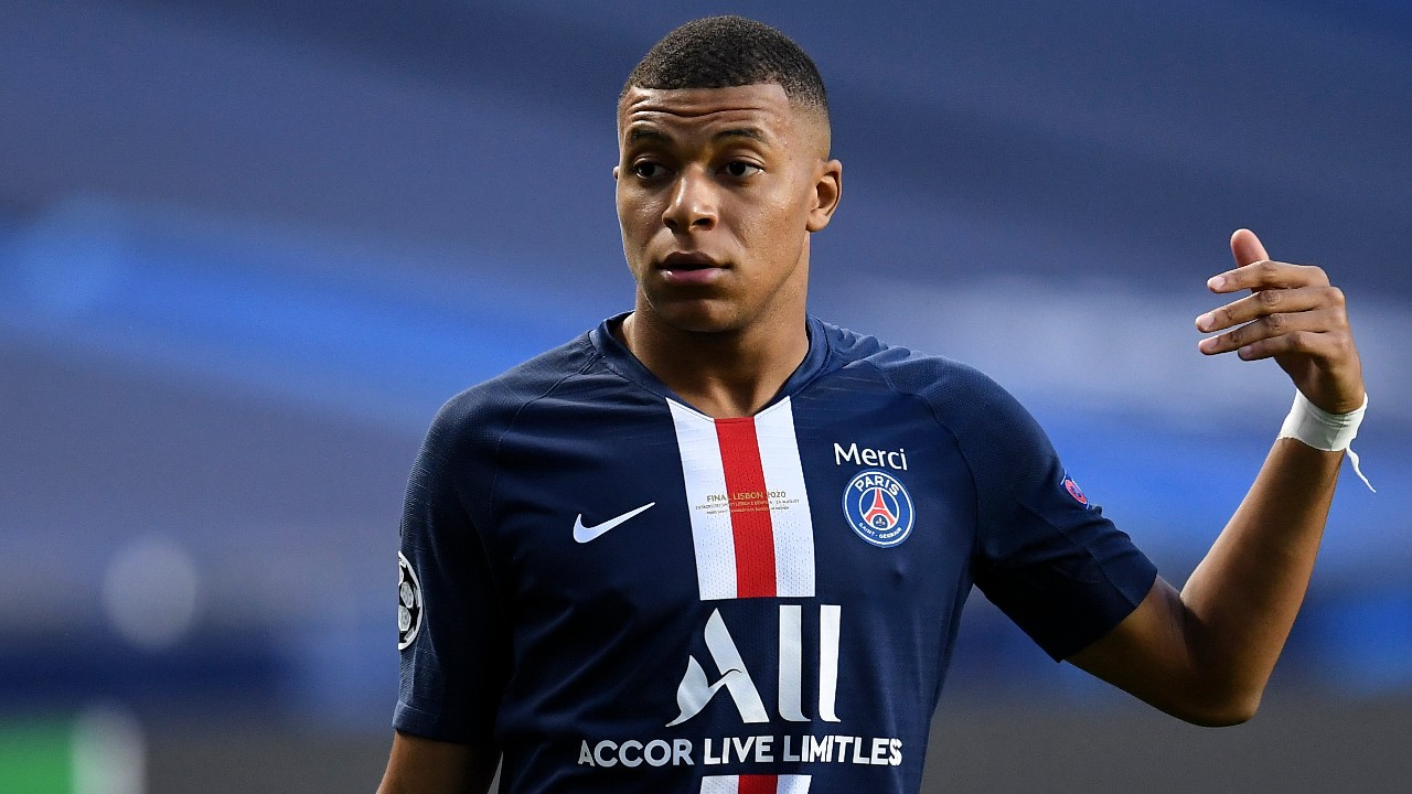 PSG's Kylian Mbappe reacts during the Champions League final soccer match between Paris Saint-Germain and Bayern Munich. (David Ramos/Pool via AP)
