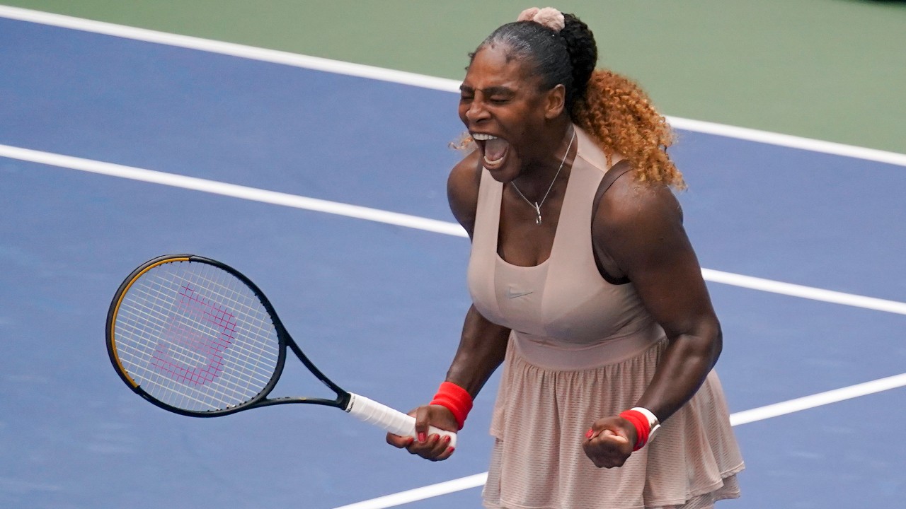 Serena Williams, of the United States, reacts after defeating Maria Sakkari, of Greece, during the quarterfinals of the US Open tennis championships. (Seth Wenig/AP)