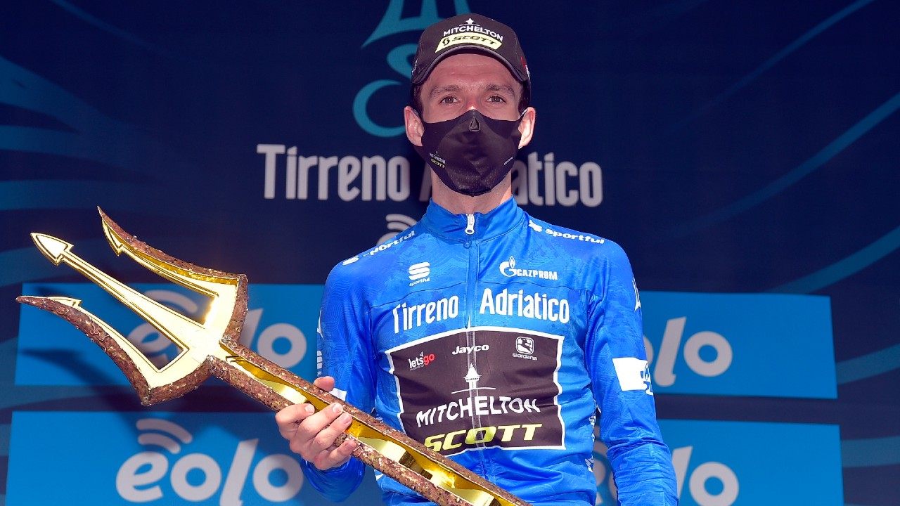 Britain's Simon Yates celebrates winning the Tirreno Adriatico cycling race, in San Benedetto del Tronto, Italy, Monday, Sept. 14, 2020. (Fabio Ferrari/LaPresse via AP)