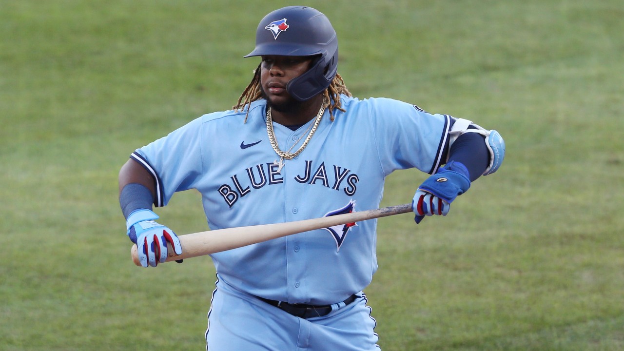 Toronto Blue Jays first baseman Vladimir Guerrero Jr. reacts after being struck out by a Miami Marlins pitcher. (Jeffrey T. Barnes/AP)
