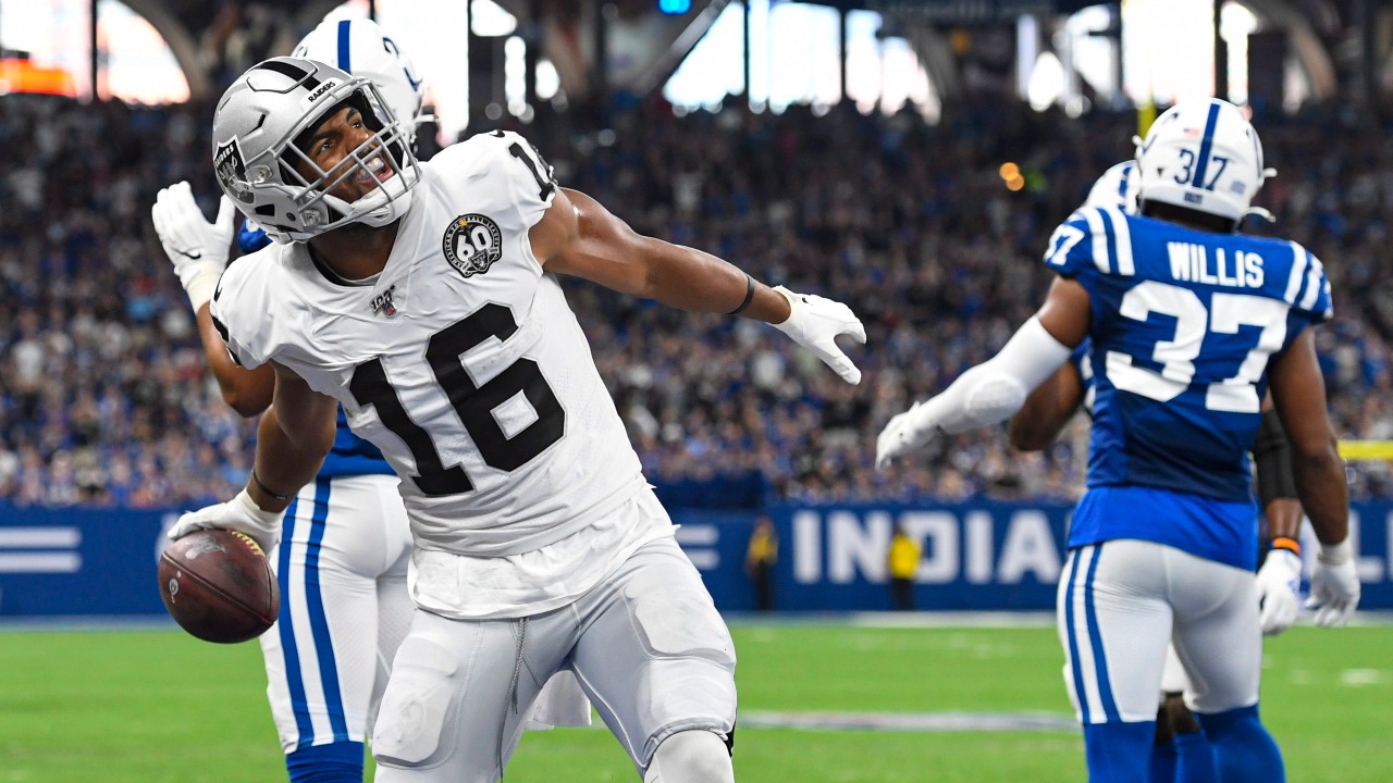 Oakland Raiders wide receiver Tyrell Williams (16) celebrates his touchdown against the Indianapolis Colts during the first half of an NFL football game. (Doug McSchooler/AP)