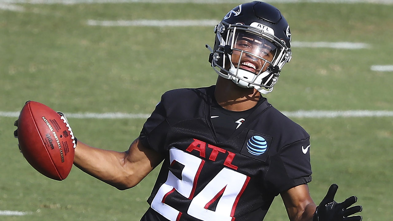 Atlanta Falcons cornerback A.J. Terrell reacts while running a defensive drill. (Curtis Compton/AP)