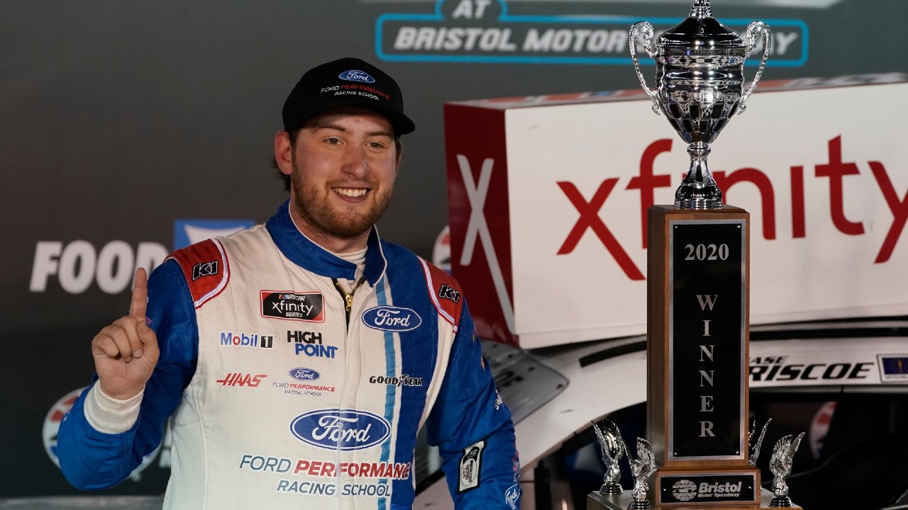 Chase Briscoe poses with the trophy after winning the NASCAR Xfinity Series auto race Friday, Sept. 18, 2020, in Bristol, Tenn. (Steve Helber/AP)