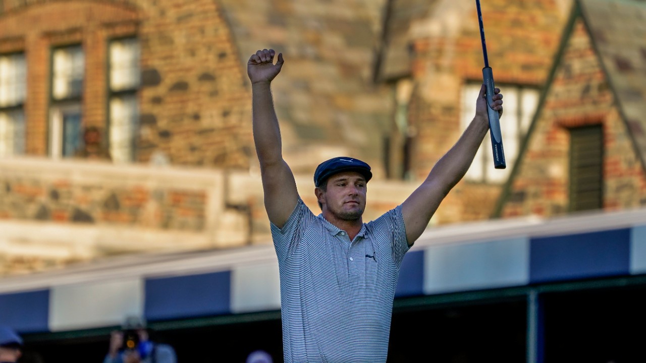 Bryson DeChambeau, of the United States, reacts after sinking a putt for par on the 18th hole to win the US Open Golf Championship, Sunday, Sept. 20, 2020, in Mamaroneck, N.Y. (AP Photo/Charles Krupa)