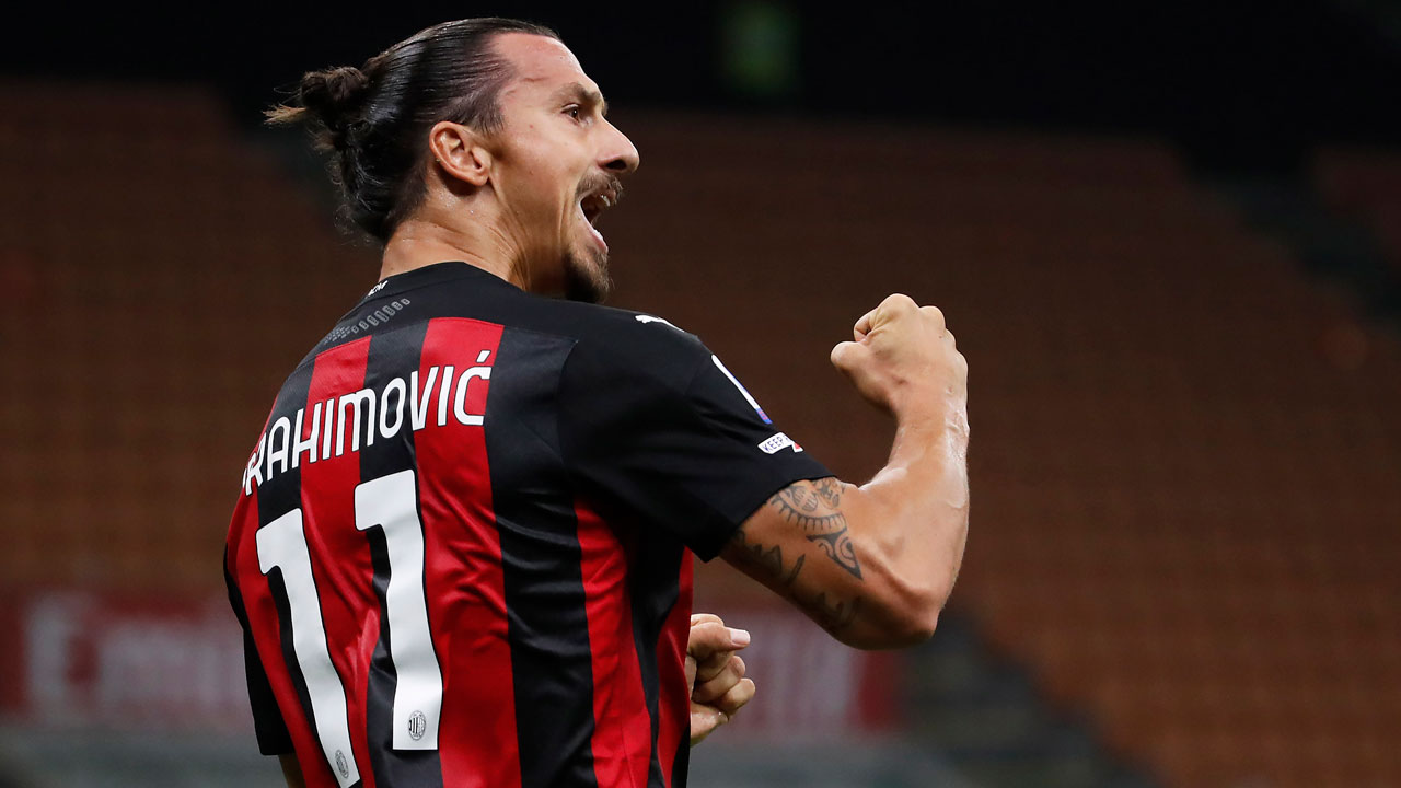 AC Milan's Zlatan Ibrahimovic celebrates a goal. (Antonio Calanni/AP)