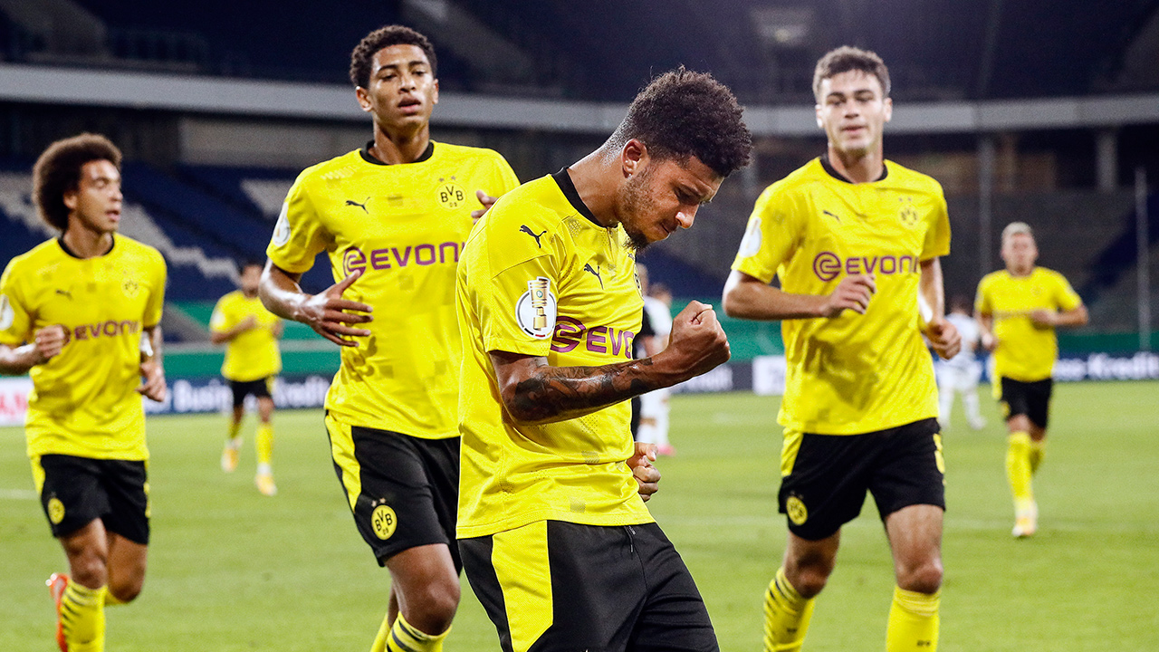 Dortmund's Jadon Sancho celebrates after scoring. (Martin Meissner/AP)