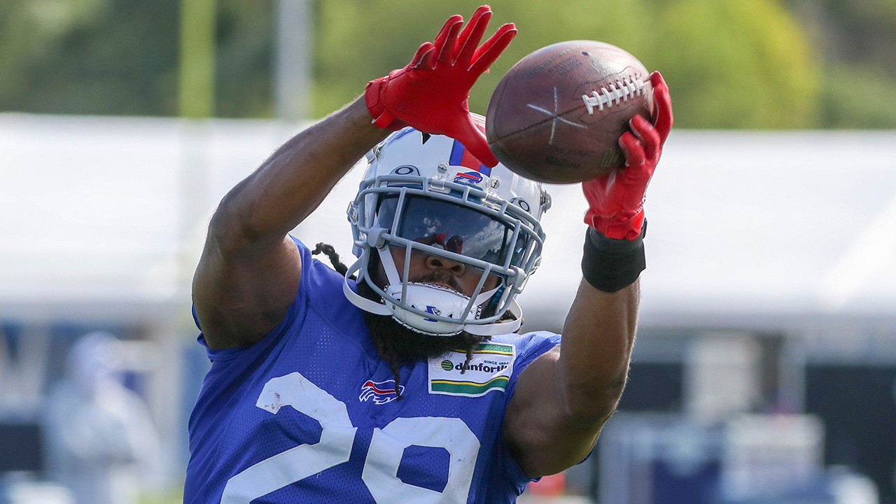 Buffalo Bills cornerback Josh Norman (29) catches a pass during a fumble drill in the second day of training camp opened to the media at ADPRO Sports Training Center's outdoor field in Orchard Park, N.Y. on Tuesday, Aug. 18, 2020. (James P. McCoy/Buffalo News via AP)