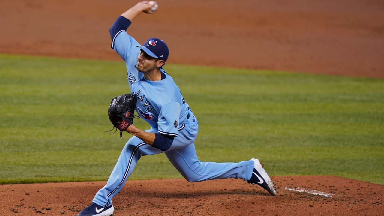 Toronto Blue Jays' Julian Merryweather pitches during the first inning of the team's baseball game against the Miami Marlins, Tuesday, Sept. 1, 2020, in Miami. (Wilfredo Lee/AP)
