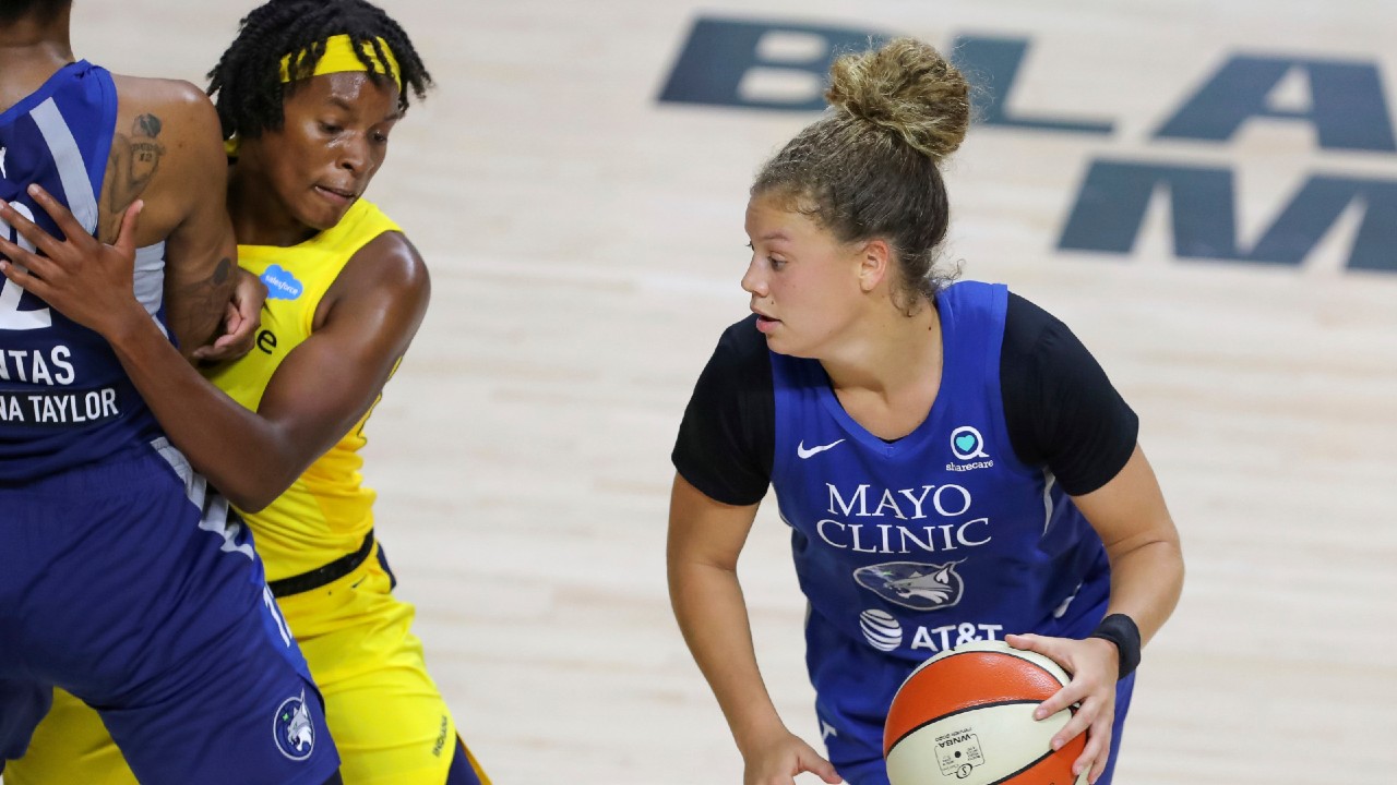 Minnesota Lynx's Rachel Banham, right, avoids the defense of Indiana Fever's Kamiah Smalls during the second half of a WNBA basketball game Saturday, Sept. 12, 2020, in Bradenton, Fla. (Mike Carlson/AP)