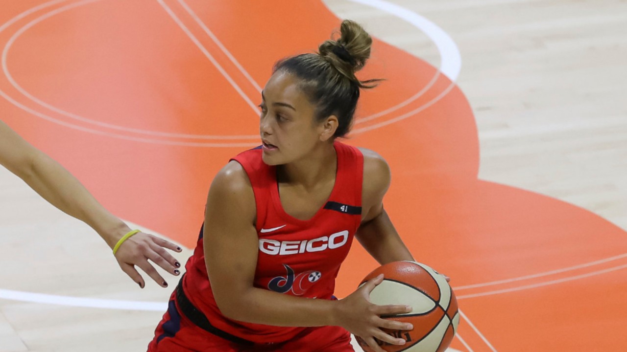 Washington Mystics' Leilani Mitchell is guarded during the first half of a WNBA basketball game Thursday, Aug. 13, 2020, in Bradenton, Fla. (Mike Carlson/AP)