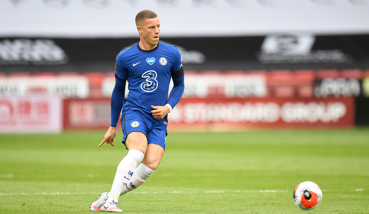 Chelsea's Ross Barkley runs with the ball during the Premier League match between Sheffield United and Chelsea at Bramall Lane in Sheffield, England, Saturday, July 11, 2020. (Peter Powell/Pool via AP)