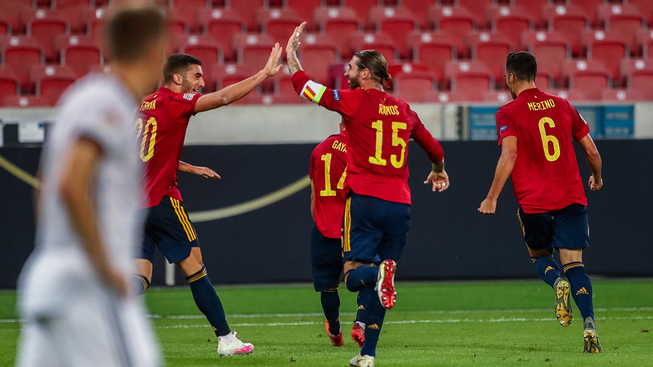 Spain players celebrate after scoring during the UEFA Nations League match against Germany at the Mercedes-Benz Arena stadium in Stuttgart, Germany, Thursday, Sept. 3, 2020. (Matthias Schrader/AP)