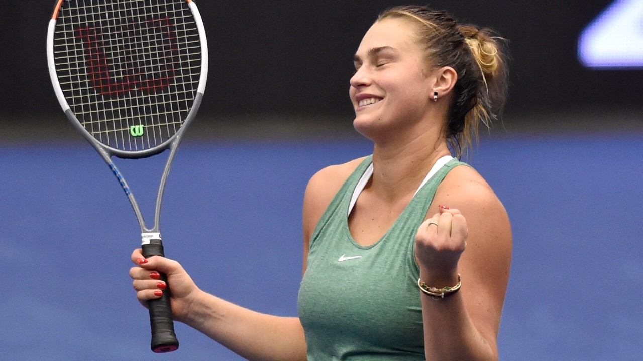 Aryna Sabalenka of Belarus reacts after winning a match. (Jaroslav Ozana/CTK via AP)