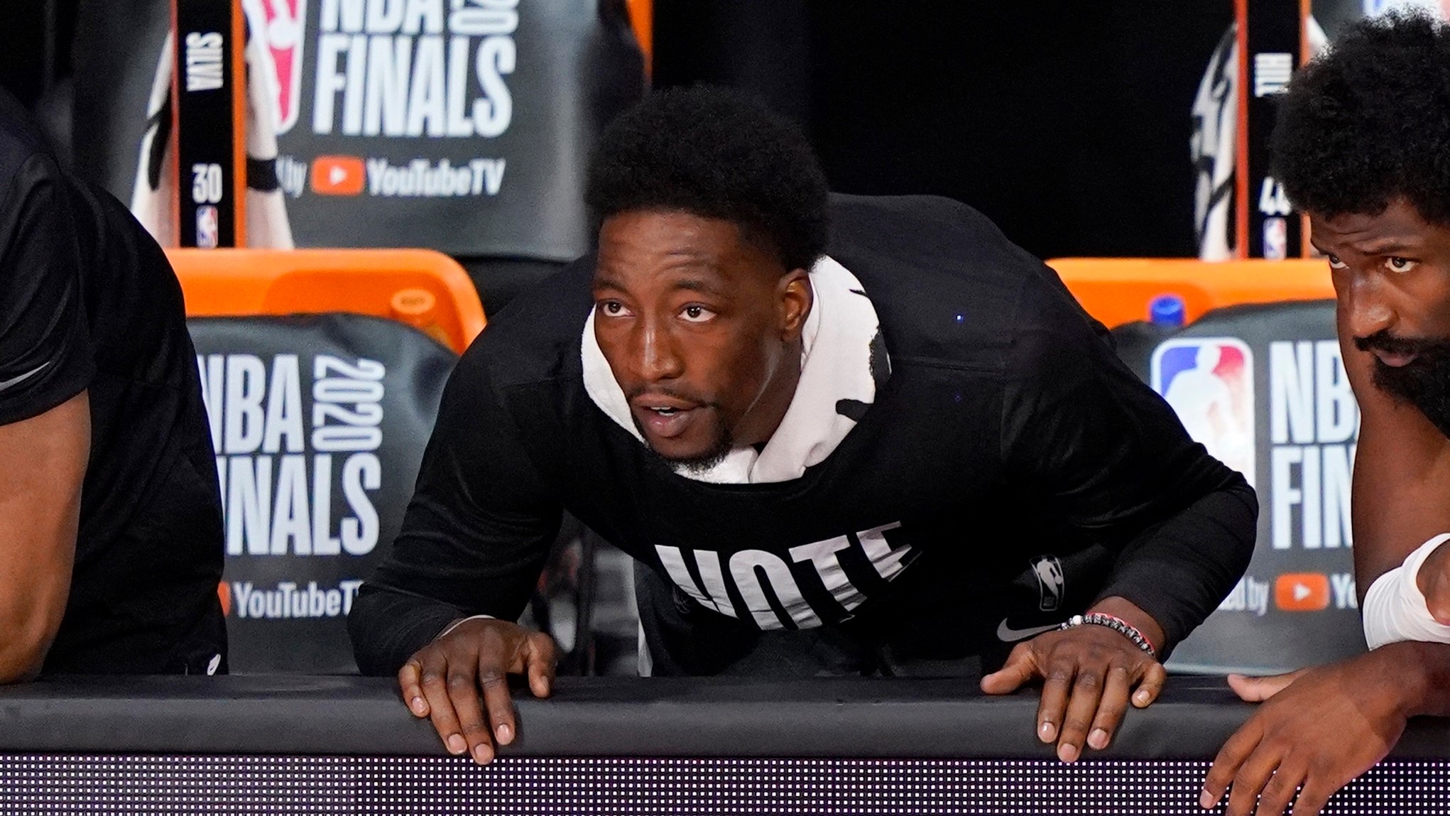 Miami Heat's Bam Adebayo, watches play against the Los Angeles Lakers during the first half of Game 2 of basketball's NBA Finals. (Mark J. Terrill/AP) 
