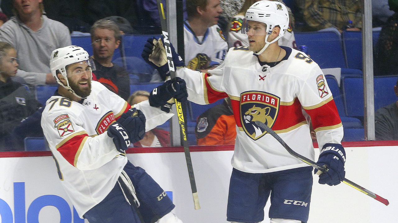 Florida Panthers' Anthony Greco, left, and Dominic Toninato celebrate after Greco scored against the Dallas Stars during the second period of an NHL hockey preseason game in Tulsa, Okla., Saturday, Sept. 21, 2019. (Dave Crenshaw/AP)