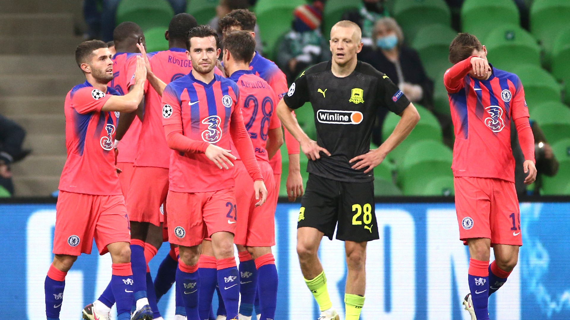 Chelsea's Timo Werner celebrates with teammates after scoring his side's second goal during a Champions League match against Krasnodar. (AP Photo)