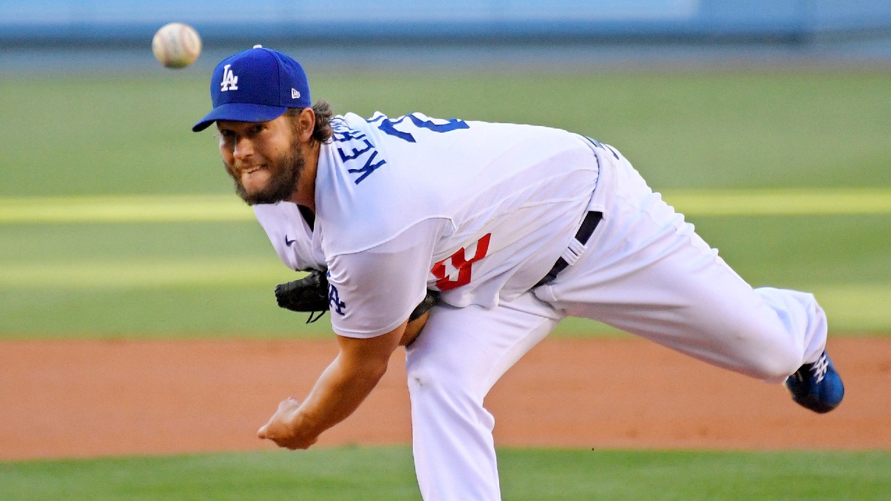 Los Angeles Dodgers starting pitcher Clayton Kershaw watches a throw during the first inning of the team's baseball game against the San Francisco Giants on Saturday, Aug. 8, 2020, in Los Angeles. (Mark J. Terrill/AP)