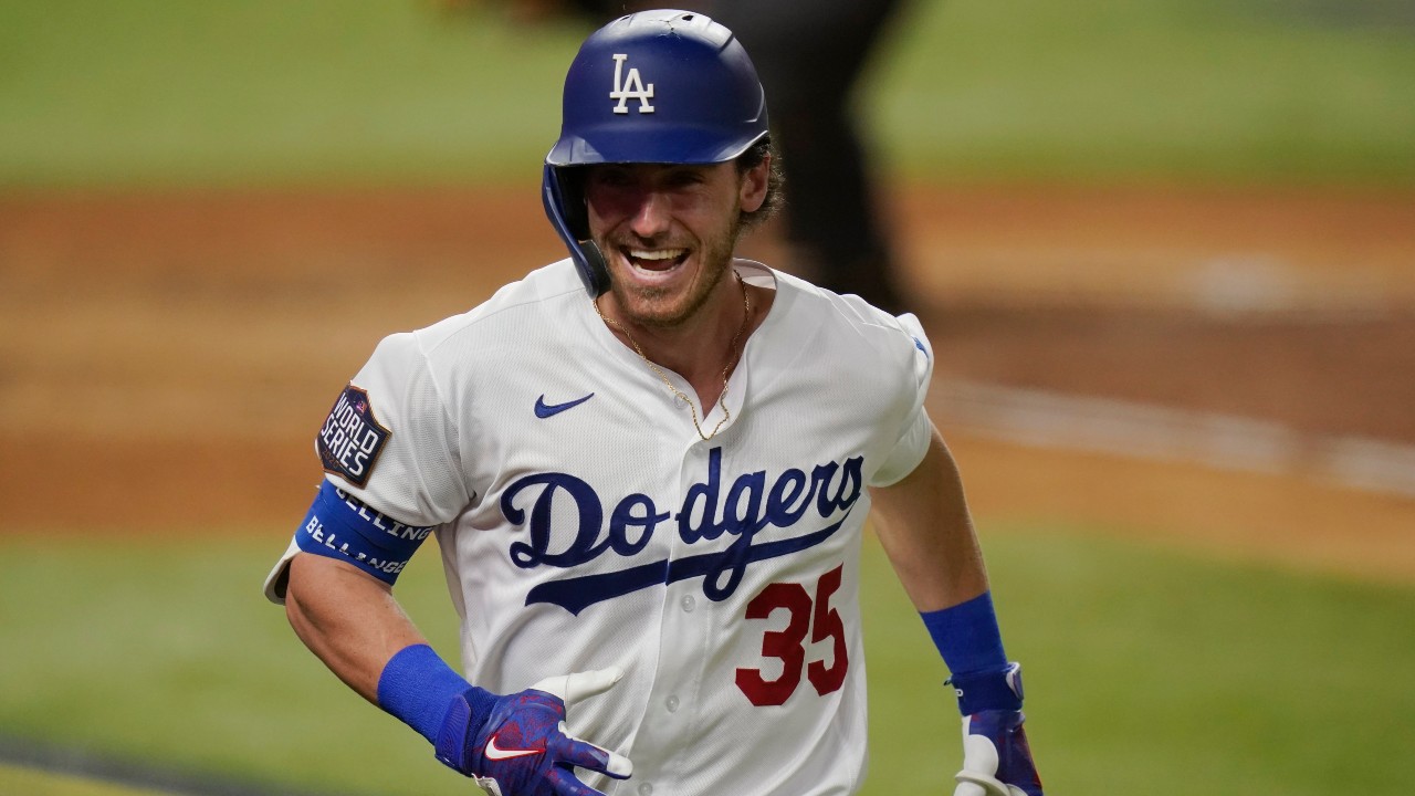 Dodgers' Cody Bellinger rounding the basis at the World Series.